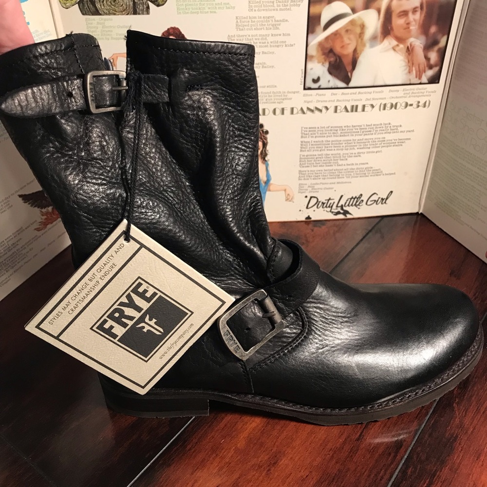 FRYE Black Leather Buckle Short Boots 7.5 NWT $298